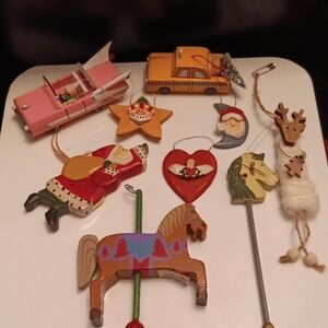 Vintage Handcarved Wood Christmas Ornaments Set